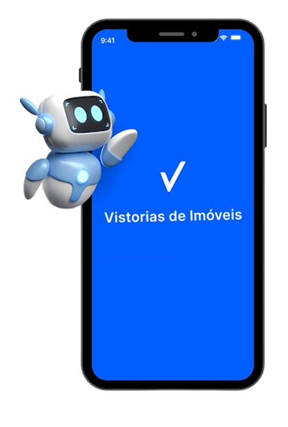 Mascote do AppVistoria ao lado de um celular exibindo a tela inicial do aplicativo de vistorias de imóveis